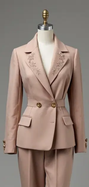 Blush blazer with symmetrical embroidery and double-button closure
