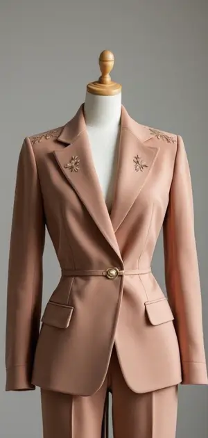 Blush pink blazer with subtle floral embroidery on lapels