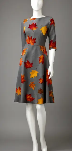 A-line fall dress with gray leaf prints