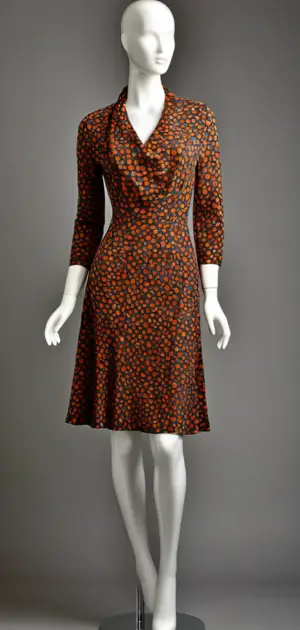 Wrap-style fall dress with vibrant patterns