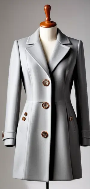 Sleek grey women's coat with ornate buttons