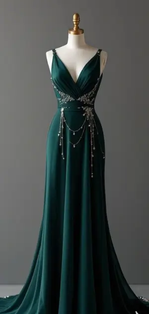Green satin gown with embellished belt and V-neck