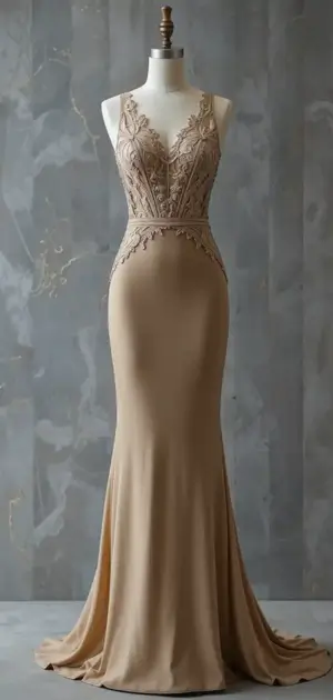 Cream gown with embroidered bodice and fitted design