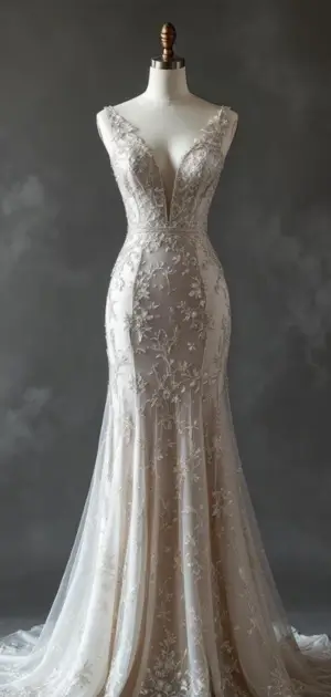 Sleek silver gown with intricate lace details