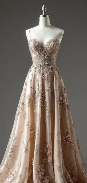 Beige dress with floral embroidery and sweetheart neckline