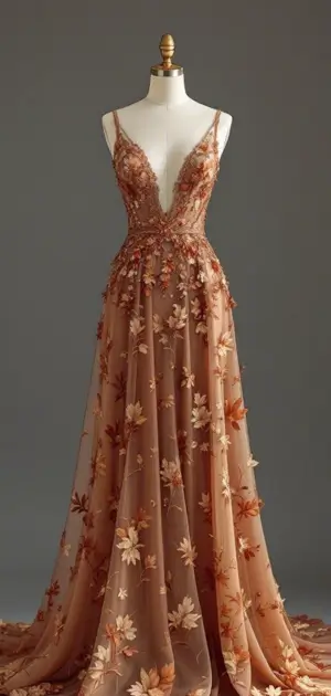 Elegant fall floral gown with deep V-neck and flowing skirt