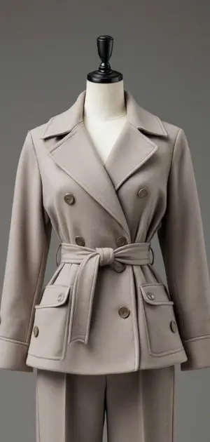 Beige belted trench coat on a mannequin