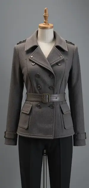 Charcoal military-inspired jacket on display