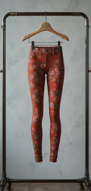 Rust-colored fall leggings with intricate floral patterns hanging stylishly on a rack.
