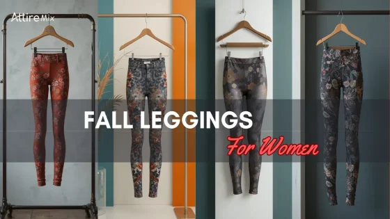 Earthy-toned floral fall leggings for women, displayed on hangers in a stylish setup.