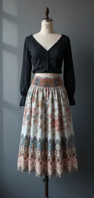 A black blouse and floral embroidered midi skirt on a mannequin.