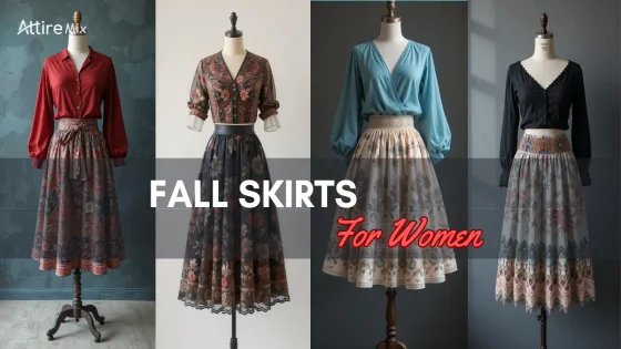 A selection of stylish fall skirts for women in warm seasonal tones.