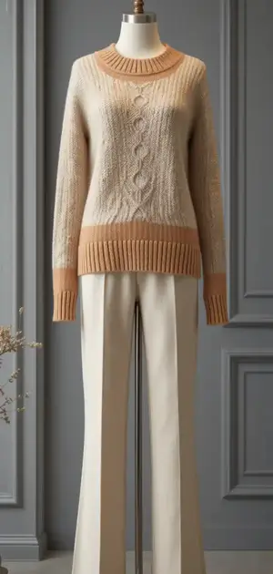 Beige cable knit sweater with ribbed caramel cuffs