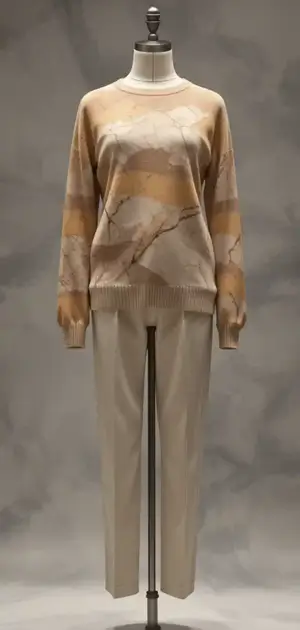 Marbled brown sweater with neutral trousers