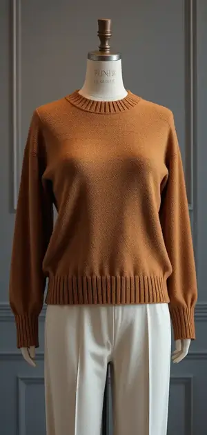 Caramel sweater with cream trousers on mannequin