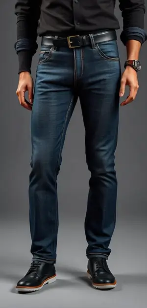 Man in deep indigo slim-fit jeans with a black belt and black boots