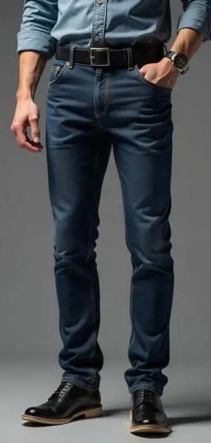 Man in classic dark blue jeans with a black belt and polished black shoes