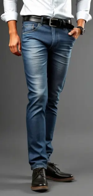 Man in faded blue slim-fit jeans with a black belt and black dress shoes