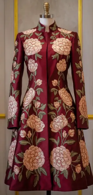 Maroon floral embroidered coat on a mannequin