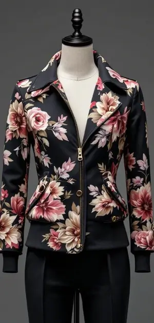 Black floral zip-up jacket on mannequin