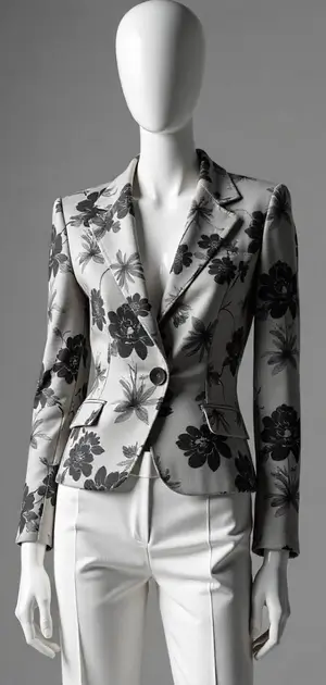 Black and white floral print blazer on mannequin