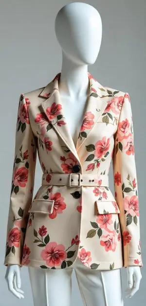 Cream blazer with pink floral print and belt