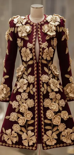 Detailed view of a maroon floral embroidered coat