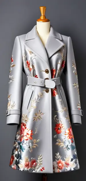 Floral printed grey trench coat on a mannequin