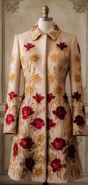 Elegant floral embroidered coat on a mannequin