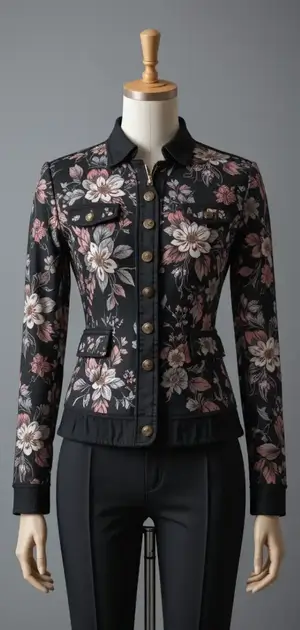 Dark floral jacket with gold buttons on mannequin