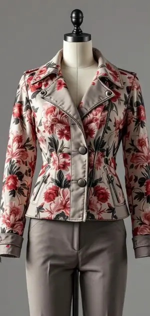 Floral print jacket with silver buttons on mannequin