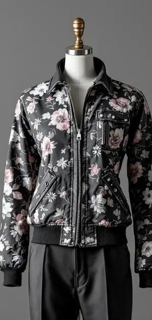 Black floral bomber jacket on mannequin