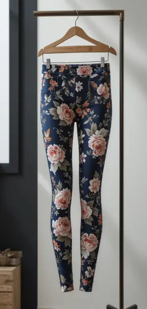 Elegant floral print leggings for women on a wooden hanger featuring subtle, modern designs.