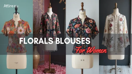 Four elegant floral blouses on mannequins, showcasing diverse patterns and styles.