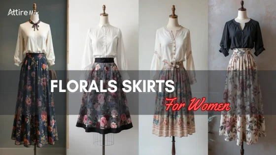 Four floral skirts displayed on mannequins with matching blouses.