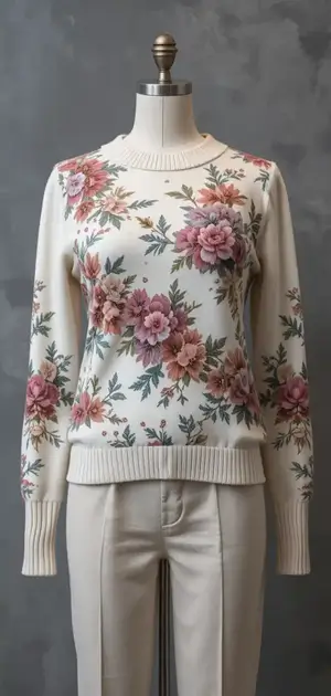 Cream sweater with pastel floral print and cream trousers