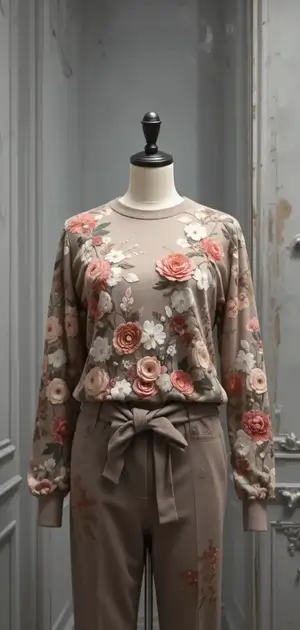 Beige floral sweater with bow and taupe trousers