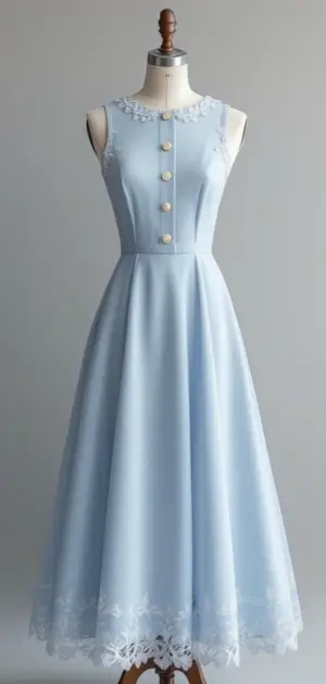 Light blue sleeveless A-line dress with button details