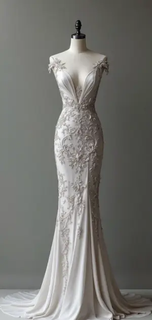 White embroidered mermaid gown with intricate designs