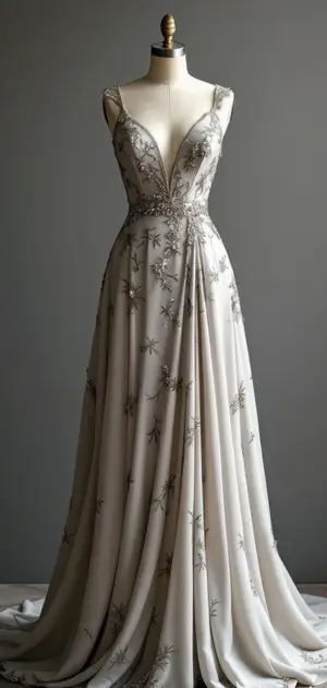 Silver gown with floral embroidery and a plunging neckline