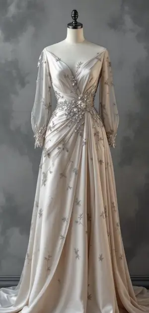 Silver gown with star-like embellishments and draped sleeves