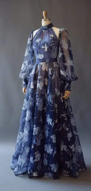 Blue maxi dress with white floral print and long sleeves.