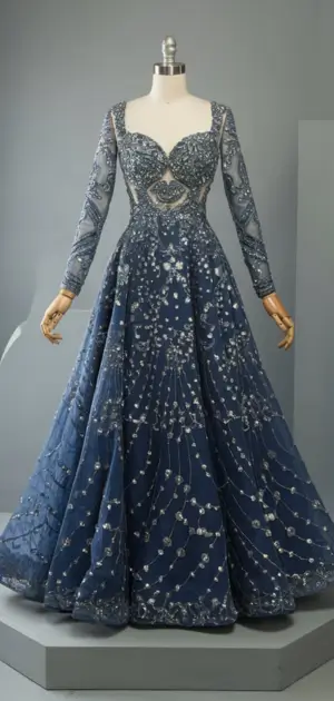 Blue sequined maxi dress with intricate patterns