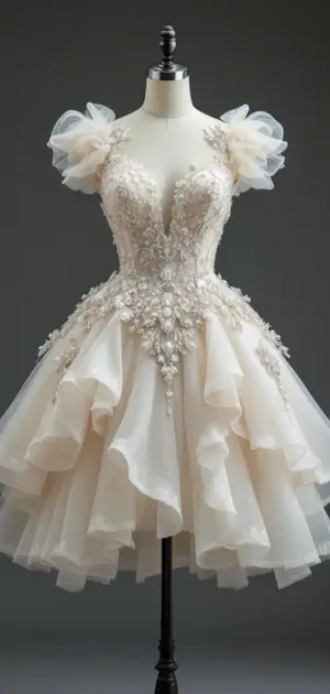 White mini dress with floral embroidery and puff sleeves