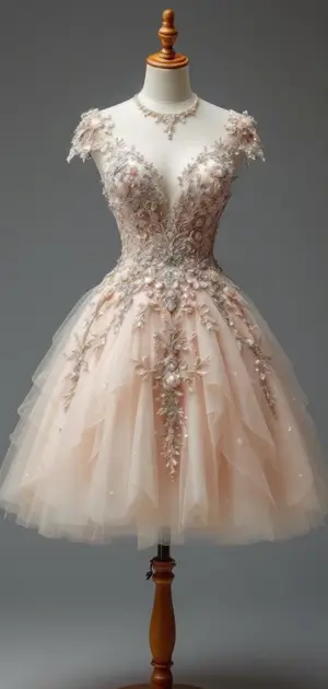 Pale pink mini dress with intricate embroidery