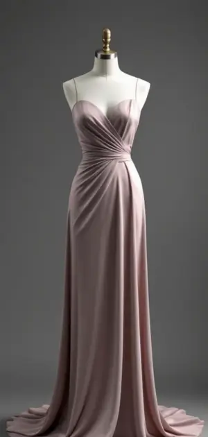 Elegant pink gown on a mannequin against a gray background