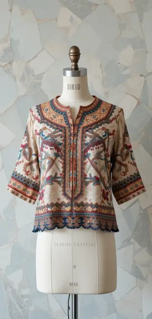 A modern geometric-patterned blouse with detailed designs and scalloped hemline.