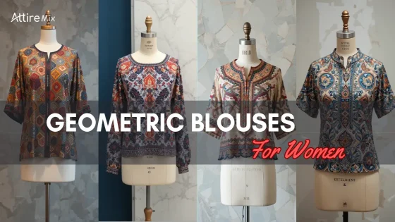 Four trendy geometric blouses displayed on mannequins for women’s fashion inspiration.