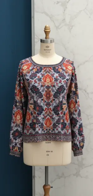 A colourful geometric-patterned women’s blouse with long sleeves and a relaxed fit.