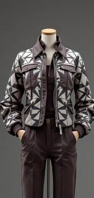 Black and grey geometric pattern jacket on mannequin